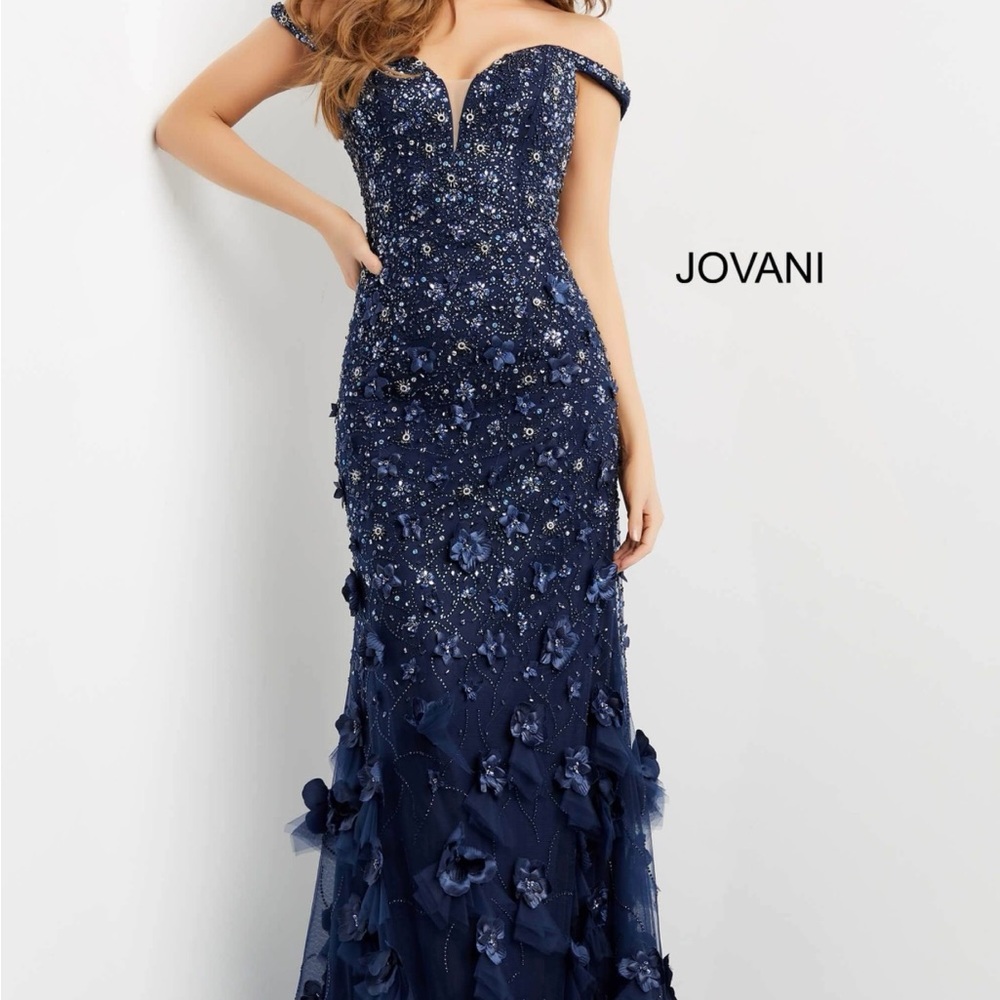 Jovani Midnight Blue Floral Embellished Dress